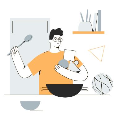 An animated picture of a man managing kitchien appliances in a kitchen